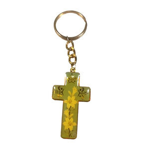 Easter Lilly Cross Gold Tone Green Keychain Lightweight